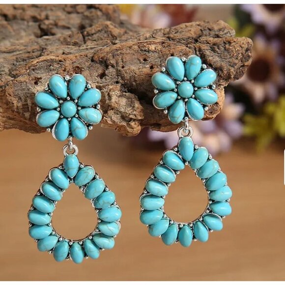 unbranded Jewelry - Imitation Turquoise Flower Drop Earrings Silver Tone Bohemian